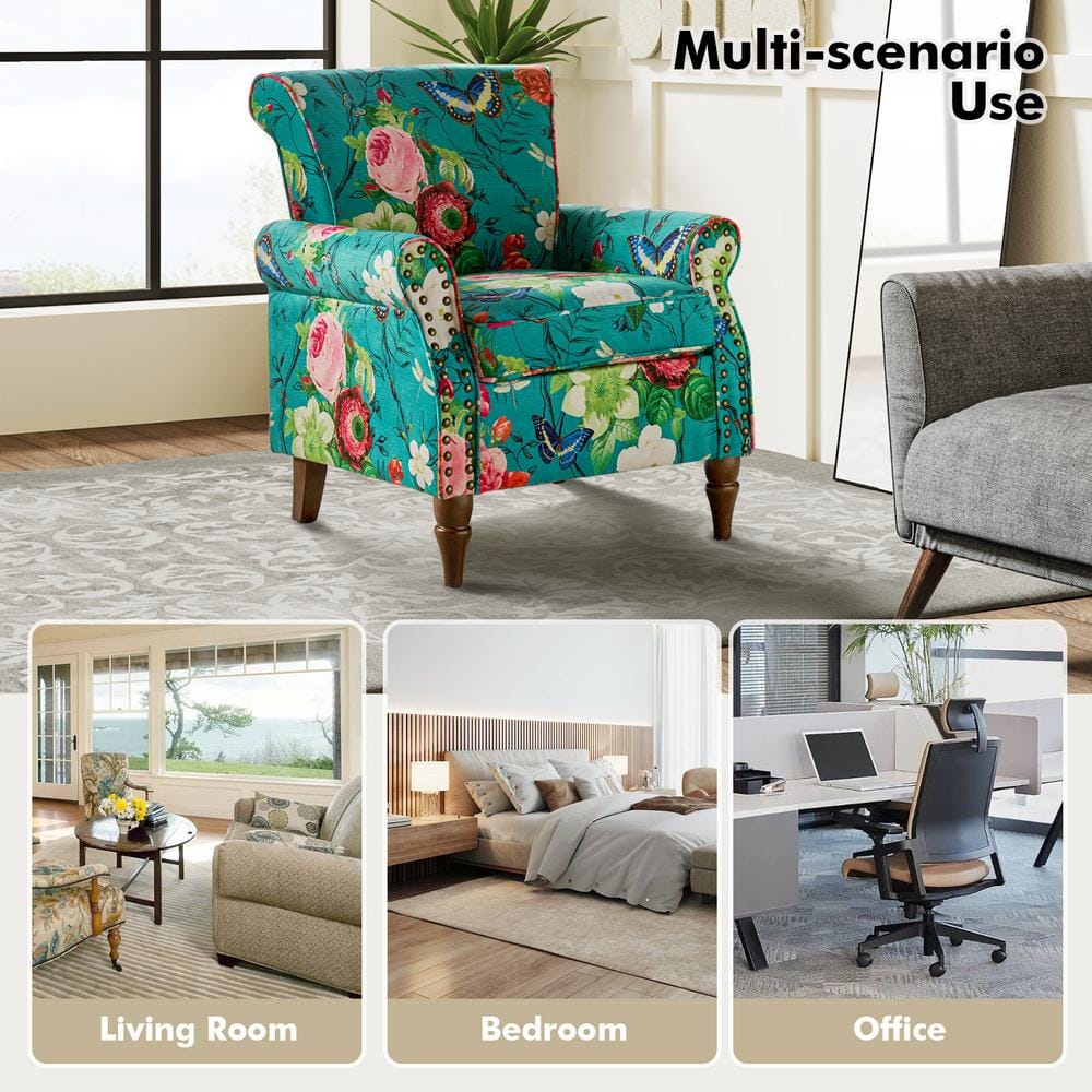 Blue Floral Polyester Arm Chair Set with Rolled Arms