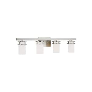 Robie 34 in. 4-Light Brushed Nickel Transitional Rustic Wall Bathroom Vanity Light with White Glass Shades and LED Bulbs