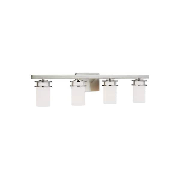 Robie 34 in. 4-Light Brushed Nickel Transitional Rustic Wall Bathroom Vanity Light with White Glass Shades and LED Bulbs