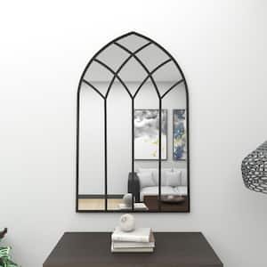 48 in. x 30 in. Window Pane Inspired Arched Framed Black Wall Mirror with Arched Top