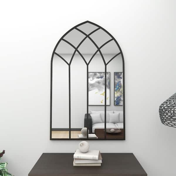 Litton Lane 48 in. x 30 in. Window Pane Inspired Arched Framed Black Wall Mirror with Arched Top