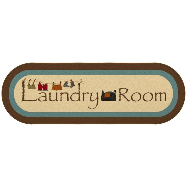 Ottomanson Laundry Collection Non-Slip Rubberback Bordered 2x5 Laundry Room Oval Runner Rug, 1 ft. 8 in. x 4 ft. 11 in., Beige
