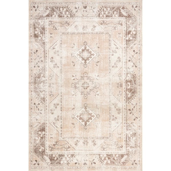 nuLOOM Ellamae Faded Medallion Machine Washable Beige 4 ft. x 6 ft. Traditional Area Rug