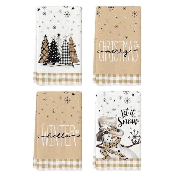 Brown and Beige Polyester Buffalo Plaid Snowman Kitchen Towels, Soft Absorbent Dish Towels for Winter Decor (Set of 4)