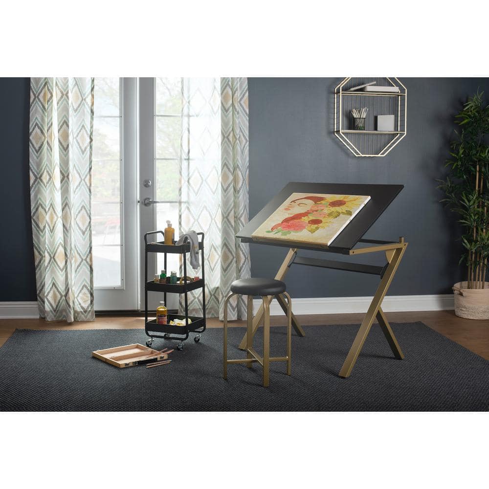 Stellar 36" Black and Gold Adjustable Drawing Table with Padded Stool