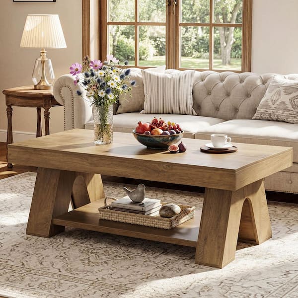 Allan 55.12 in. Brown Rectangle Wood Coffee Table with 2-Tier Storage Shelving and Sturdy Base for Living Room