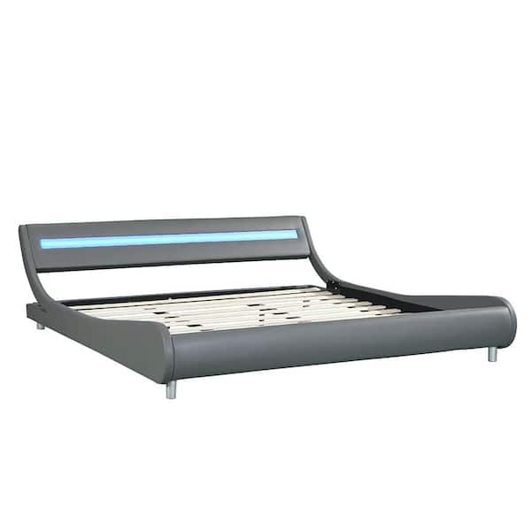 Unbranded 80.3 in.W Gray Wood Frame Faux Leather Upholstered King Size Platform Bed Frame with LED Lighting