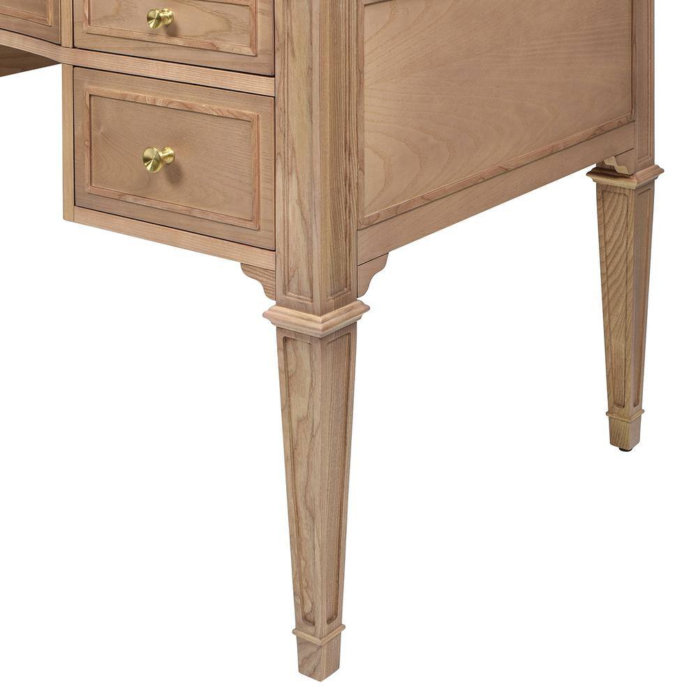 Natural Brown Wood Executive Desk with Gold Accents and Drawers