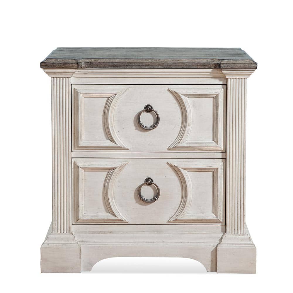 Antique White and Charcoal 2-Drawer Wood Nightstand