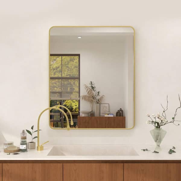Dew 30 in. W x 36 in. H Rectangular Framed Wall Bathroom Vanity Mirror in Gold
