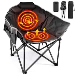 Outdoor Oversized Foldable Heated Camping Black Patio Chair with 20,000mAh Power Bank, With Metal Frame