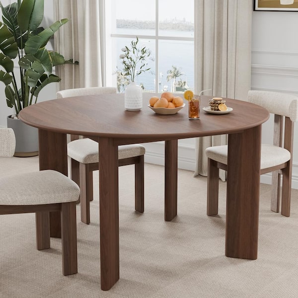 Walnut Round Wood 59 in. 4 Legs Kitchen Table Dining Table Seats 8