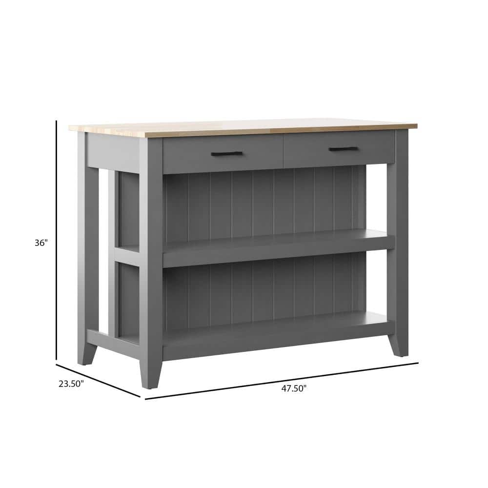 Antique Gray Modern Farmhouse Kitchen Island with Open Shelves