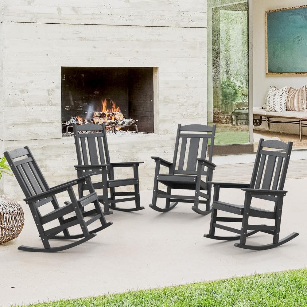 Dark Gray Recycled Plastic HDPS Porch Patio Adirondack Outdoor Rocking Chair Porch Rocker Patio Rocking Chair (Set of 4)