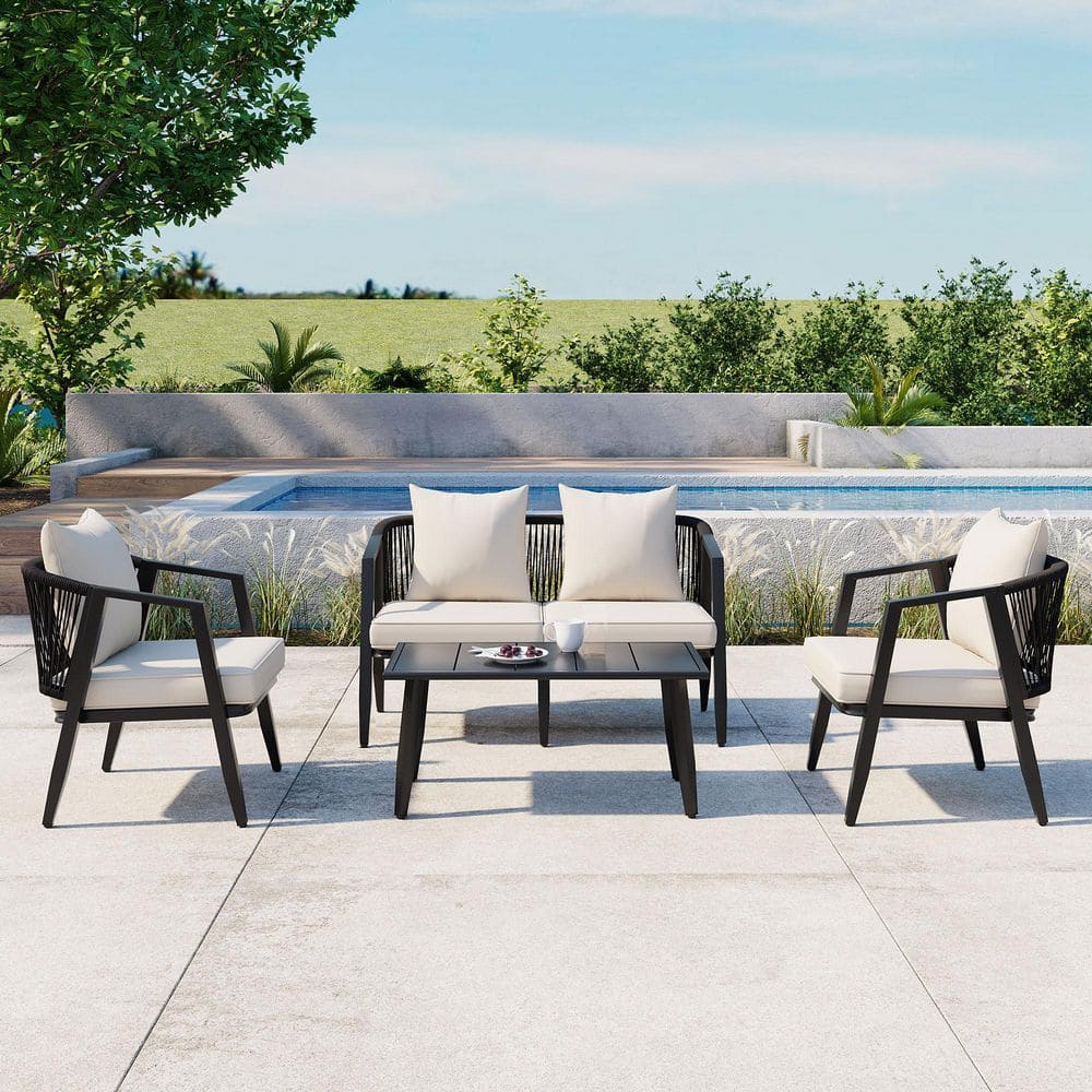 4-Piece Patio Conversation Seating Set with Beige Cushions 4-Piece Patio Conversation Seating Set with Beige Cushions