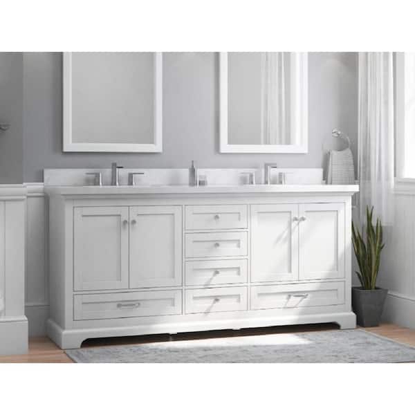 Home Decorators Collection Bluestern 72 in. Double Sink Freestanding White Bath Vanity with White Natural Veining Engineered Stone Top (Assembled)