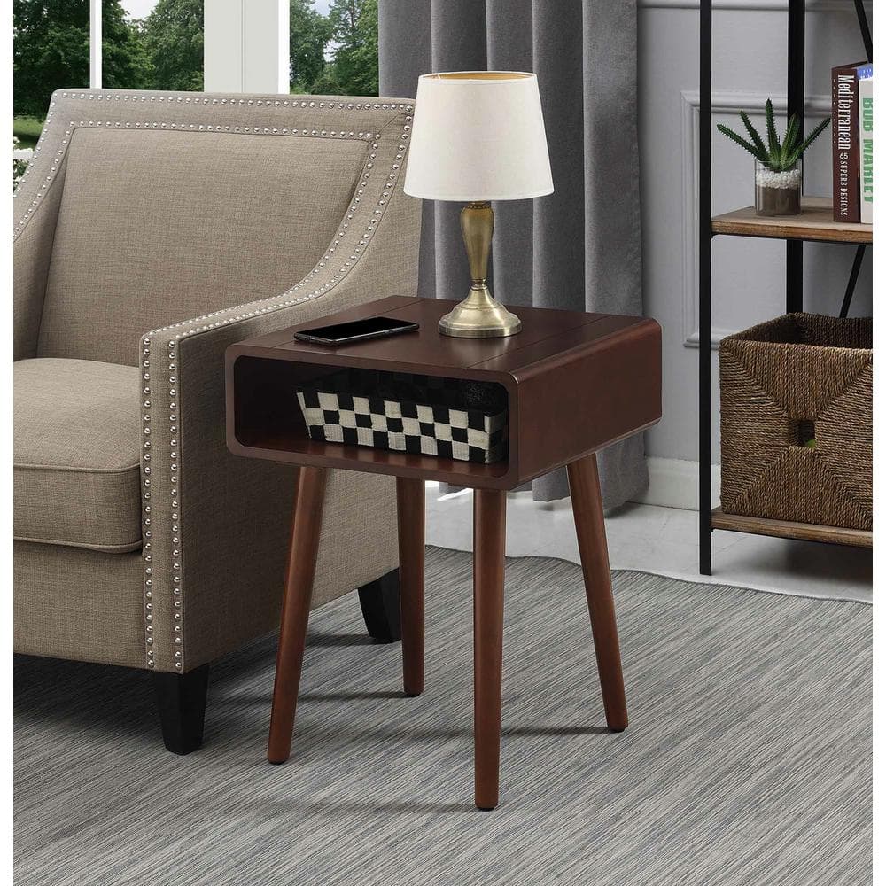 Espresso Birch and Poplar Mid-Century Rectangular End Table with Shelf