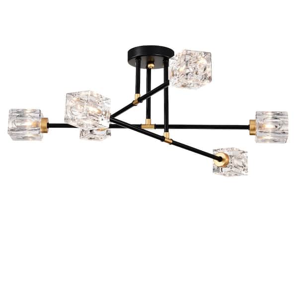Ceiling Light 27. 5 in. Width 6-Lights, Black Smart Home Flush Mount With Crystal Glass G9 for Indoor 1-Package
