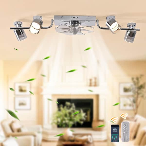 39.4 in. Indoor Chrome Reversible Low Profile Flush Mount Ceiling Fan with Dimmable LED Spotlights and Remote Included