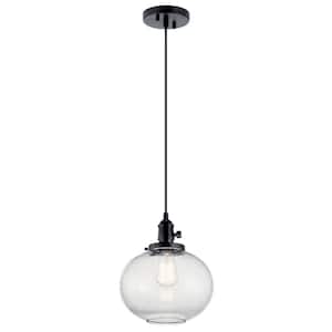 Avery 9.75 in. 1-Light Black Farmhouse Shaded Kitchen Globe Mini Pendant Light with Clear Seeded Glass