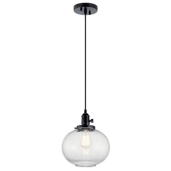 KICHLER Avery 9.75 in. 1-Light Black Farmhouse Shaded Kitchen Globe Mini Pendant Light with Clear Seeded Glass