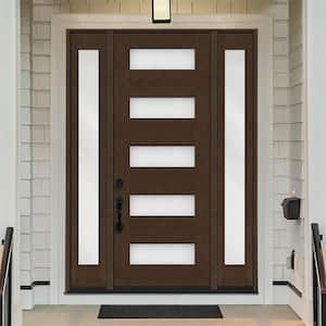 Regency 64 in. x 96 in. 5L Modern Frosted Glass RH Hickory Stain Mahogany Fiberglass Prehung Front Door w/Dbl 12in.SL