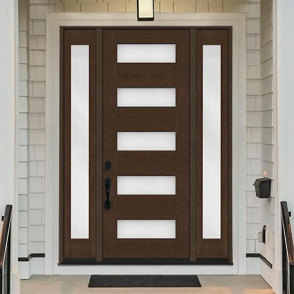 Regency 68 in. x 80 in. 5L Modern Clear Glass RHIS Hickory Stain Mahogany Fiberglass Prehung Front Door DBL 14 in. SL