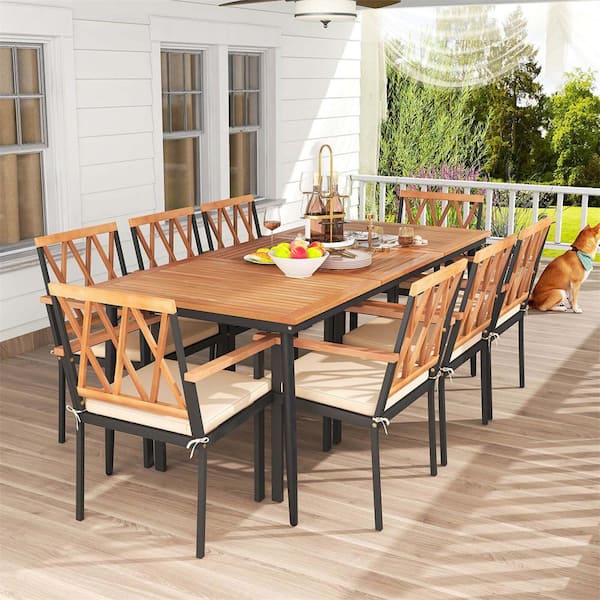 Costway Natural and Black 9-Piece Wood Rectangle Outdoor