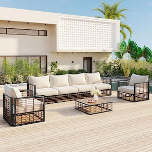 7-Piece Metal Patio Conversation Set with coffee table and Beige Cushions