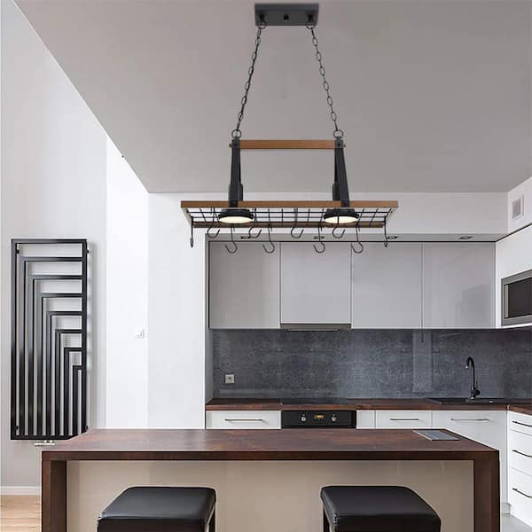 60-Watt 2-Light Wood Frame and Matte Black Accents Farmhouse Kitchen Island Chandelier Pot Rack