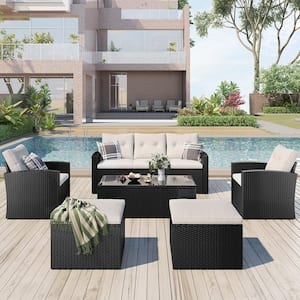 6-Piece Outdoor PE Rattan Sofa Set Patio Garden Wicker Dining Set (Black Wicker, Beige Cushion)
