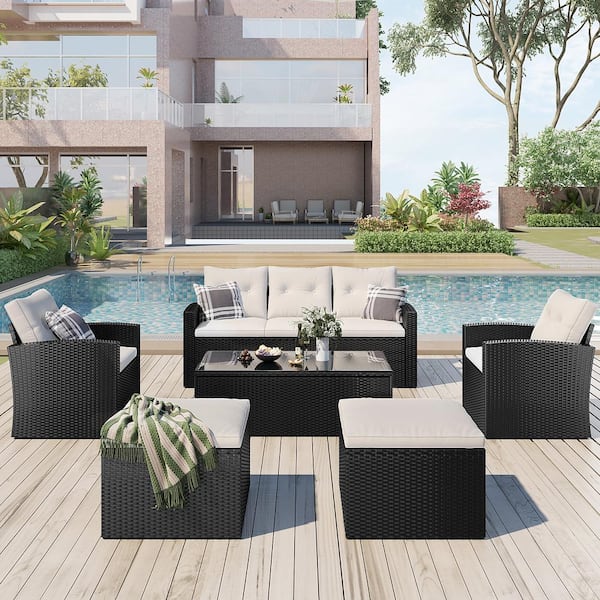 SUNRINX 6-Piece Outdoor PE Rattan Sofa Set Patio Garden Wicker Dining Set (Black Wicker, Beige Cushion)