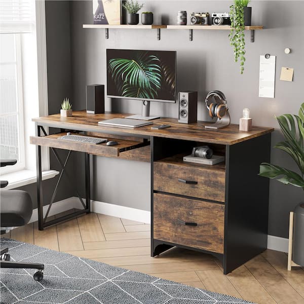 Bestier 55 in. Office Desk with Storage Drawers and Keyboard Tray ...