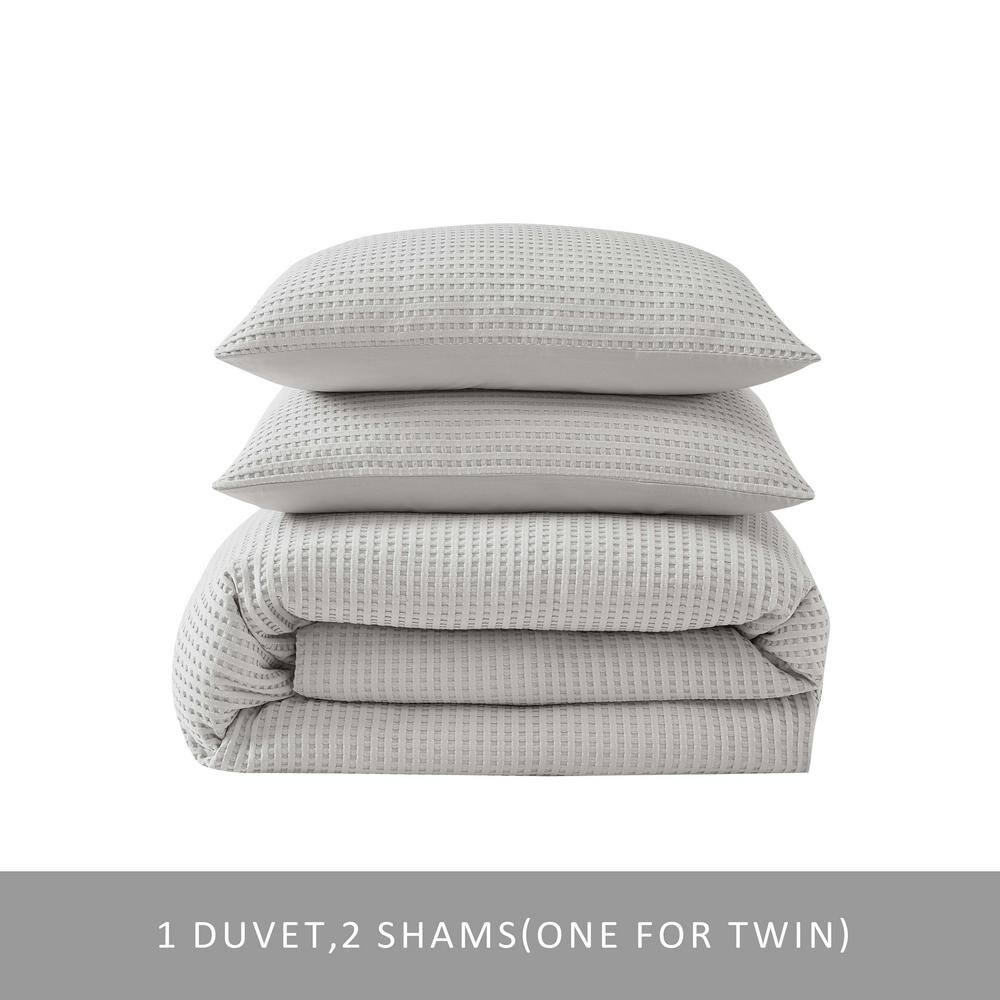 Grey Waffle Textured Queen Duvet Cover Set with Shams