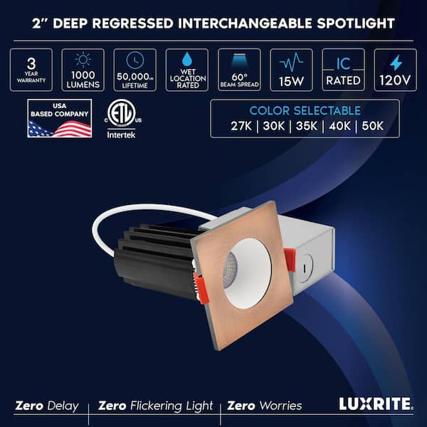 6-pack 2 in. Integrated LED Recessed Canless Light with Square Copper Interchangeable Trim 5CCT, 1000LM, 15W, Dimmable