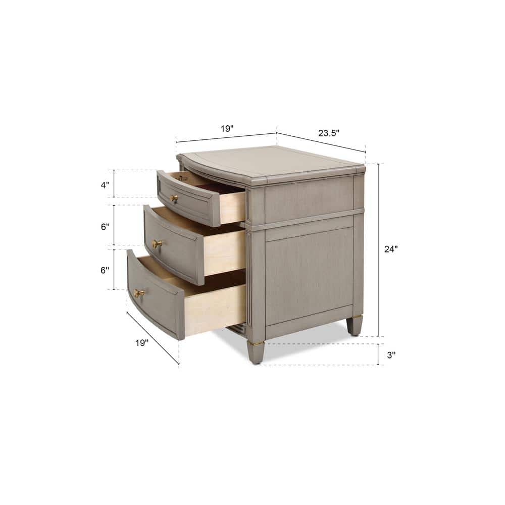Dauphin Grey Cashmere 3-Drawer Nightstand with Gold Accents