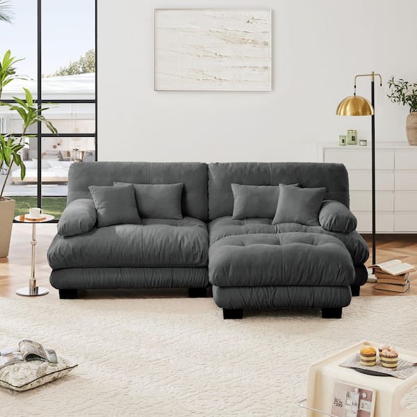 Ronald 94.4 in. Chenille Upholstered L Shaped Sectional Sofa in. Gray with Ottoman, 2 Lumbar Pillows, 2 Throw Pillows