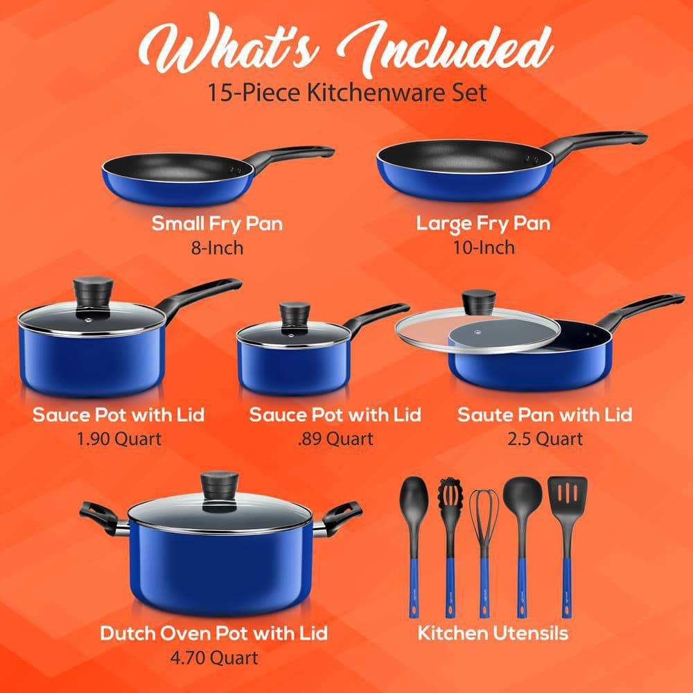 SereneLife 15-Piece Blue Aluminum Non-Stick Cookware Set