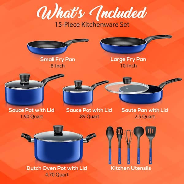 Serenelife 15 Piece Pots and Pans Non Stick Kitchenware Cookware Set, Blue