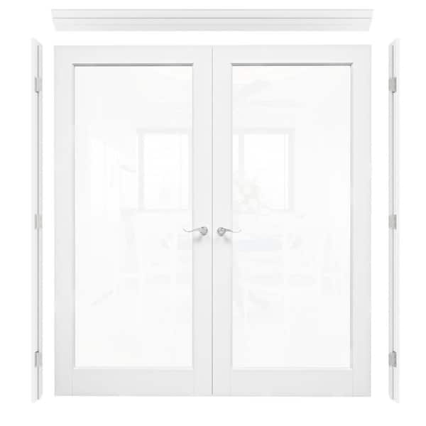 72 in. x 80 in. 1-Lite Clear Glass Universal White Solid Core Wood Double French Door with Quick Assemble Jamb