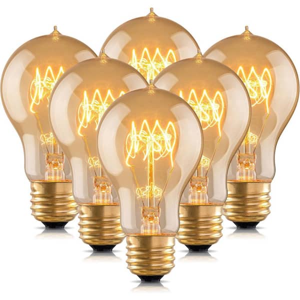 60W Vintage Edison Bulbs-Dimmable Amber A19/A60 (E26), Lumens 6-Pack Incandescent A-Style