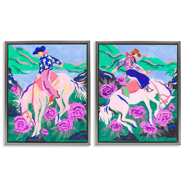 Stupell Industries Vivid Rearing Cowboys by Melissa Wang 2 Pieces Gray Floater Frame Animal Graphic Art Print 31 in. x 25 in.