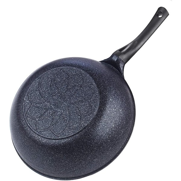 30cm Non Stick Cooking Wok Double Handle Glass Lid Deep Stir Frying Pan  Black