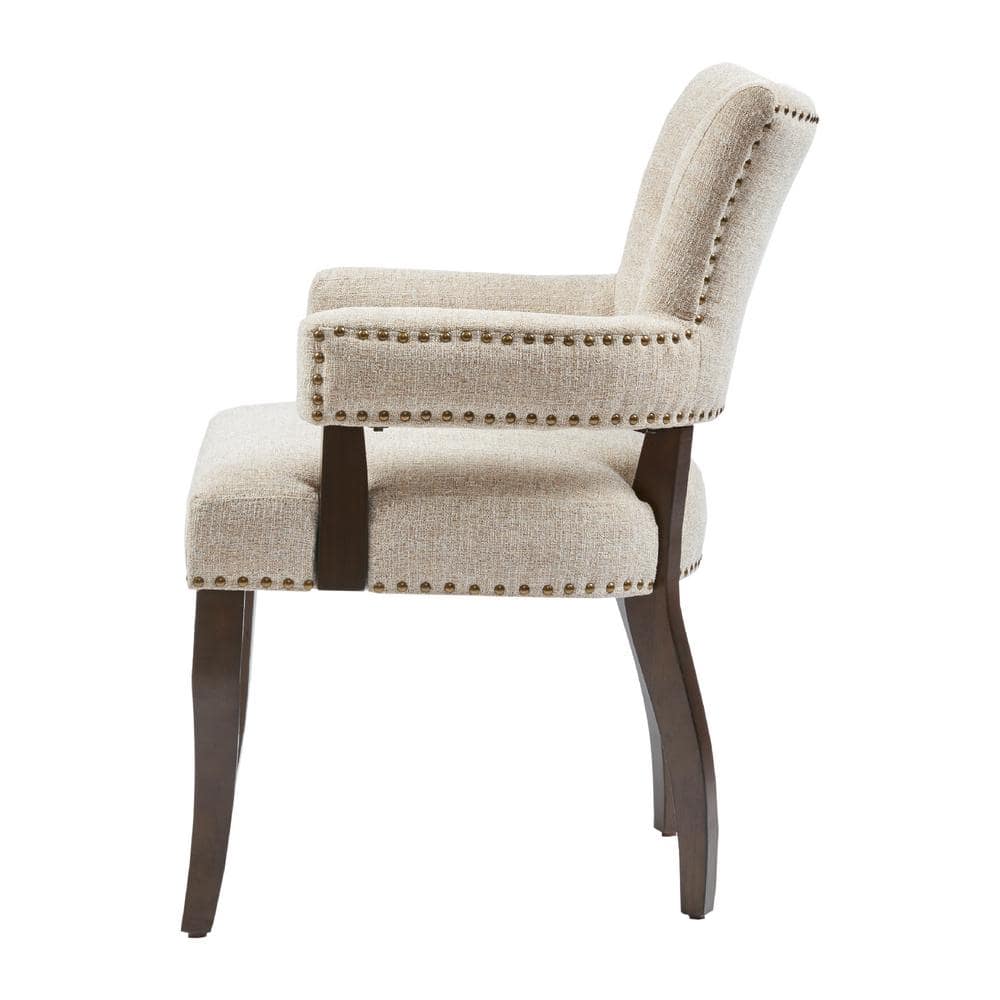 Elegant Cream Upholstered Dining Armchair with Brass Trim, Set of 2