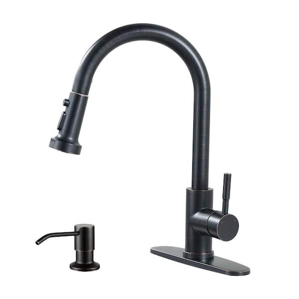 Single Handle Pull Down Sprayer Kitchen Faucet with 3-Mode Sprayer and Soap Dispenser in Oil Rubbed Bronze