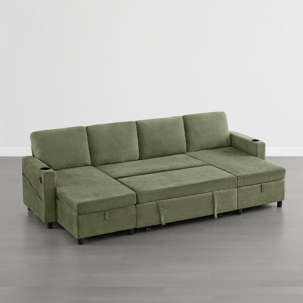 Yale 108.7 in. Green Polyester Fabric Full Size Sofa Bed w/ 2-Chaise Cup Holders USB & Type-C Charing Ports side pockets price history on PriceWatchPro