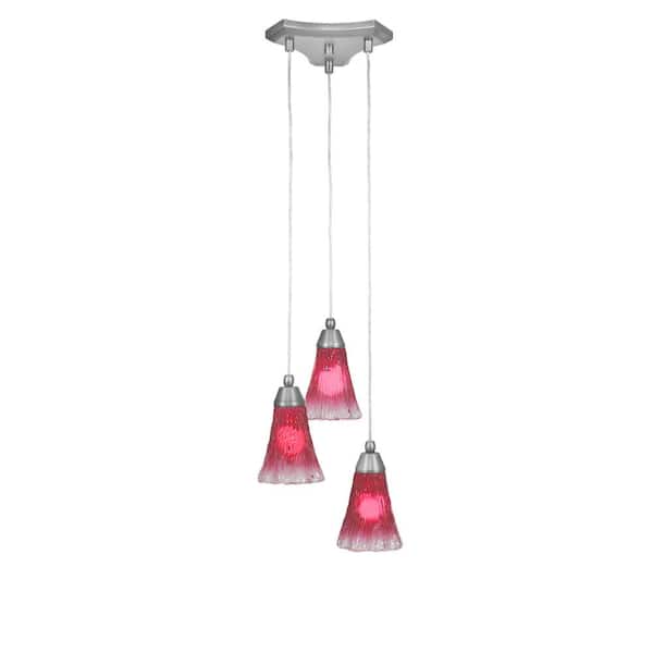 Unbranded Condor 3 Light Nickel, Cluster Pendant Light with 5.5 in. Fluted Raspberry Crystal Glass Shades, No Bulbs Included