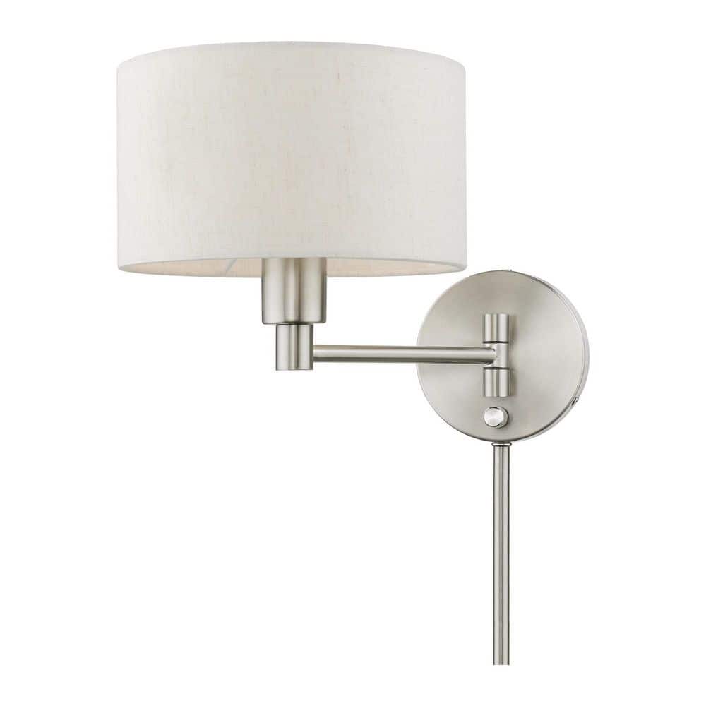 Transitional Brushed Nickel Swing Arm Wall Lamp with Oatmeal Fabric Shade