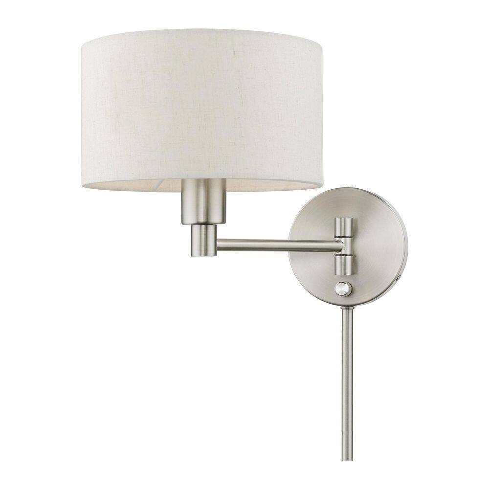 Transitional Brushed Nickel Swing Arm Wall Lamp with Oatmeal Fabric Shade