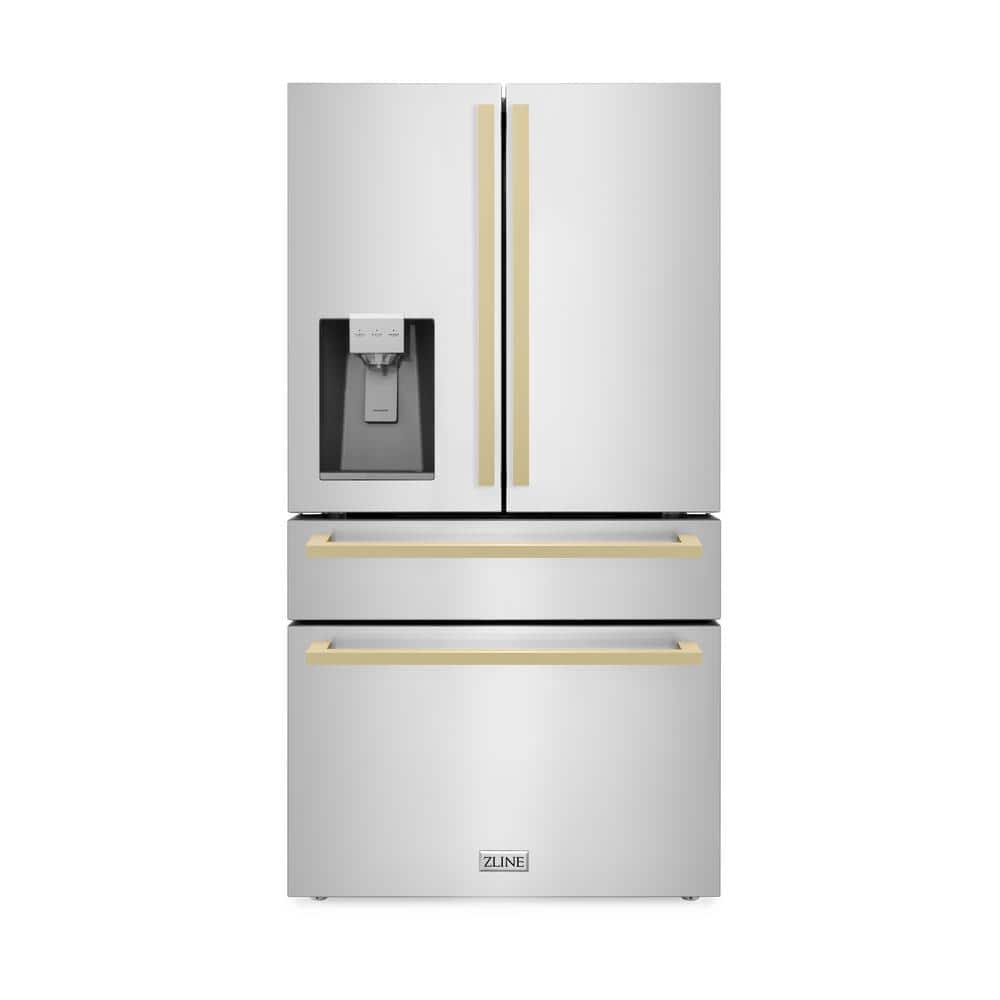 ZLINE Kitchen and Bath Autograph Edition 36 in. 4-Door French Door Refrigerator with Square Champagne Bronze Handles in Stainless Steel, Brushed 430 Stainless Steel -  RFMZ-W-36-FCB